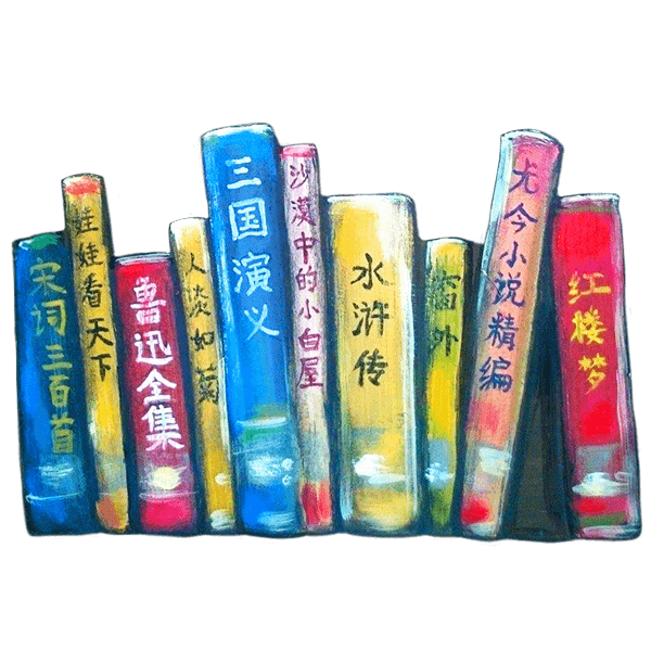 A row of colorful books with Chinese characters on their spines stands upright against a black background.