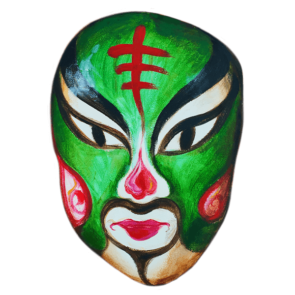A painted mask with dominant green color, exaggerated facial features, and bold red and black accents against a black background.